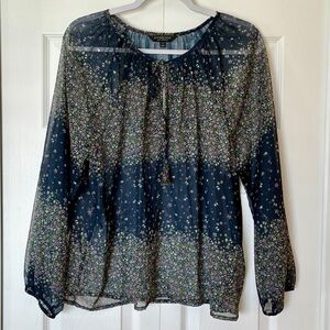 Liverpool LP Navy Floral Sheer Peasant Chiffon Blouse Boho Cottagecore Fairy
